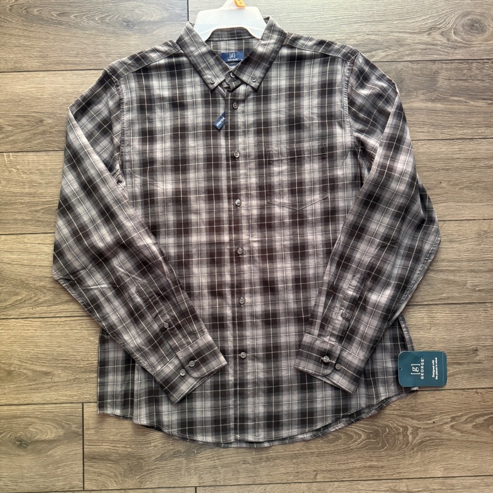 George Mens Classic Fit Plaid Button Down Shirt Grey Charcoal Large NWT